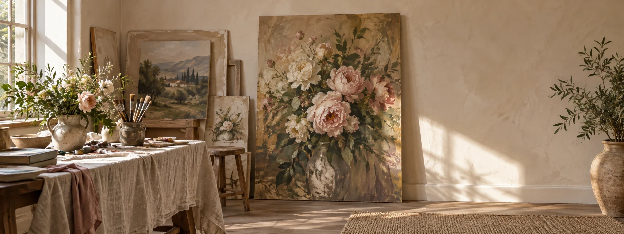 Demo image of paintings in a sunlit art studio