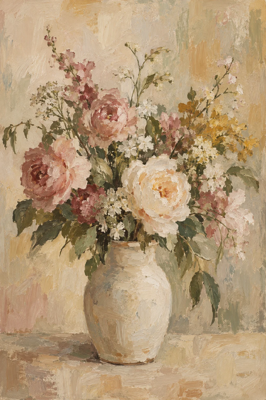 Demo oil painting of a flower bouquet in a ceramic vase