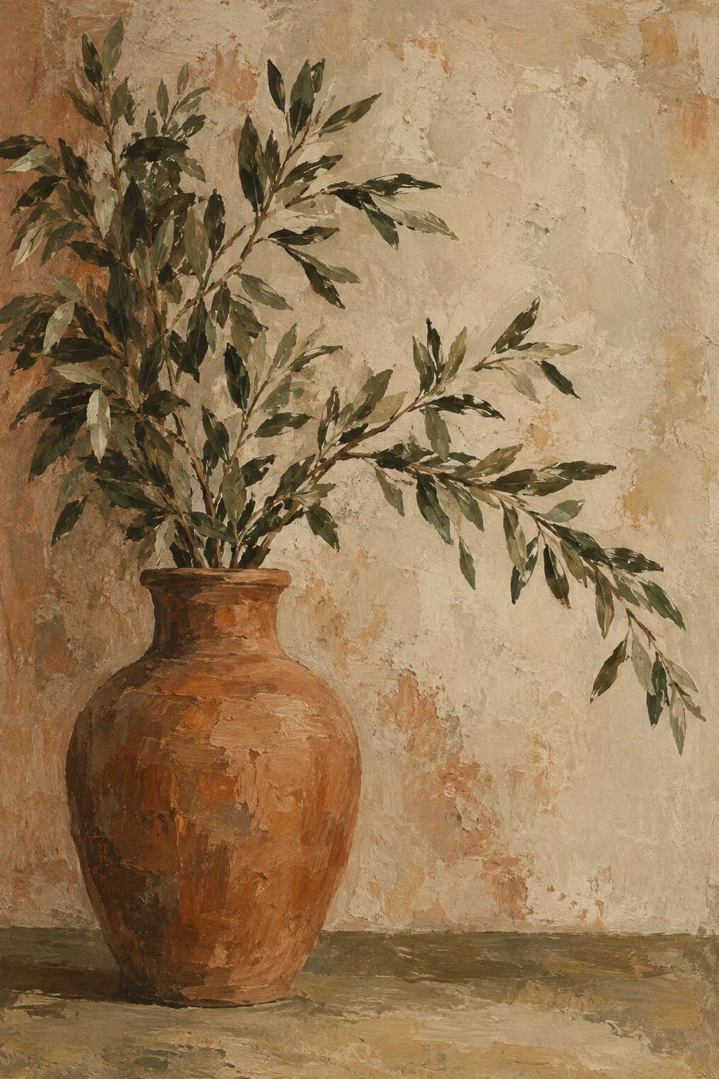Demo oil painting of leafy branches in a terracotta vessel