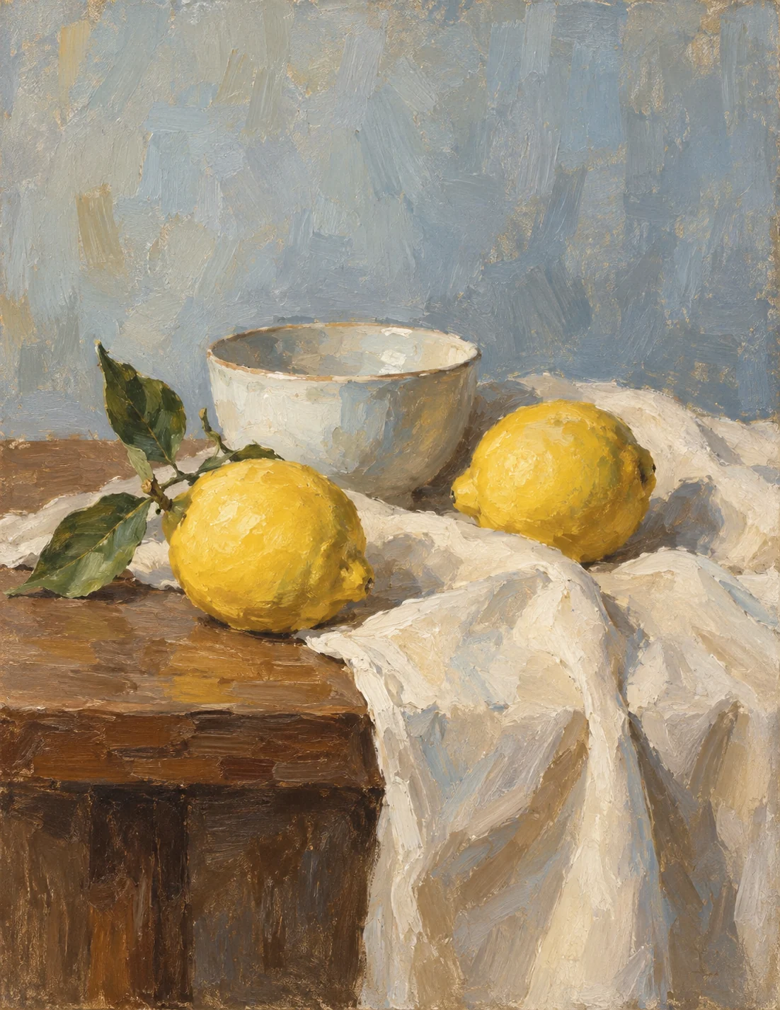 Demo oil painting of lemons, a bowl, and draped cloth